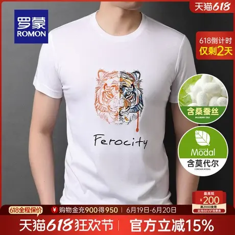 【含桑蚕丝+莫代尔】罗蒙男士刺绣圆领短袖T恤衫2025夏季新款上衣图片