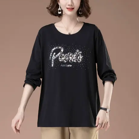 妈妈纯棉长袖T恤女春秋宽松加大码女装中老年休闲烫钻显瘦打底衫商品大图