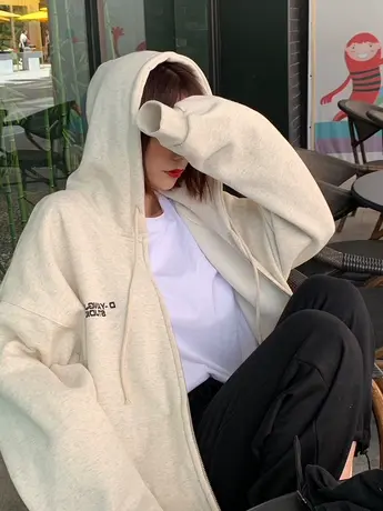 开衫连帽灰色卫衣女秋港味复古chic慵懒风拉链外套宽松潮ins上衣图片