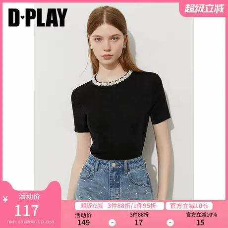 DPLAY2025夏季新款黑色圆领t恤女修身珍珠气质上衣设计感短袖图片