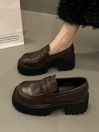 厚底一脚蹬乐福鞋女2023年春秋季新款时尚百搭英伦风复古小皮鞋单商品大图