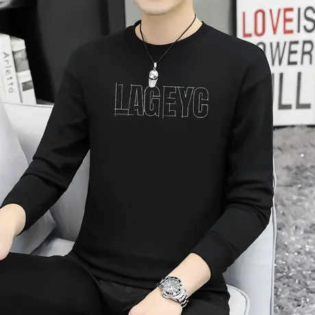 380g重磅纯棉黑色卫衣男摇粒绒加绒加厚秋冬长袖t恤圆领无帽上衣商品大图