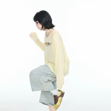 美式复古猫咪印花防晒罩衫女春秋新款宽松微透轻薄长袖T恤上衣图片