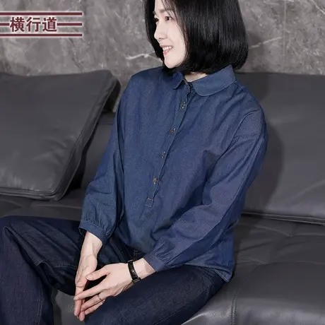 纯棉牛仔衬衫POLO领九分袖宽松上衣复古衬衫妈妈装衬衣秋季女装商品大图