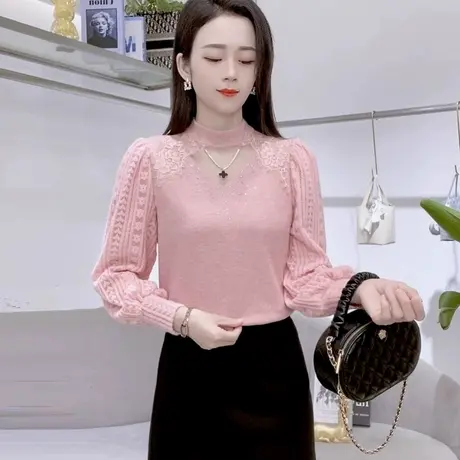 拉夏贝尔蕾丝打底衫女漂亮小衫秋冬新款洋气女装宽松显瘦百搭上衣图片