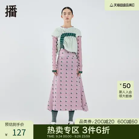 播夏季新款圆领格纹印花抽褶拼接波点花式小衫女BDO2HD2005图片