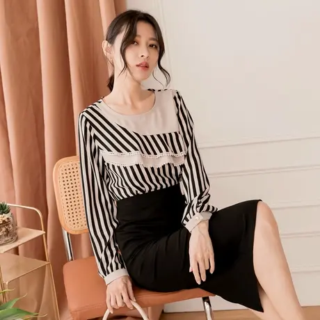 桔熊秋冬季不对称设计感蕾丝荷叶拼条纹雪纺衫上衣女大码AB16415图片