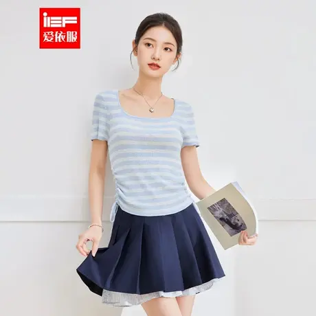 IEF/爱依服2025夏季新款韩版温柔小女人气质条纹抽绳设计毛织上衣商品大图