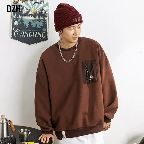 男士摇粒绒重磅卫衣男秋季美式圆领潮牌加绒长袖上衣宽松衣服新款商品大图