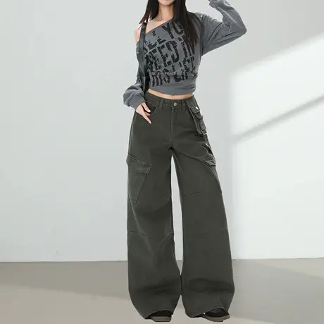阔腿工装裤女2025秋季新款高腰宽松美式复古军绿色直筒拖地牛仔裤商品大图