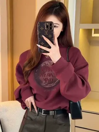 圆领加绒卫衣女2023秋季新款宽松美式洋气休闲印花抽绳外穿上衣商品大图