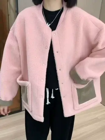 休闲皮毛一体羊羔毛外套女秋冬2023新款小个子宽松加绒机车服夹克商品大图