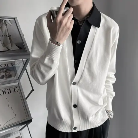 轻熟风拼接假两件针织开衫男秋冬个性轻熟撞色衬衫领休闲毛衣外套商品大图