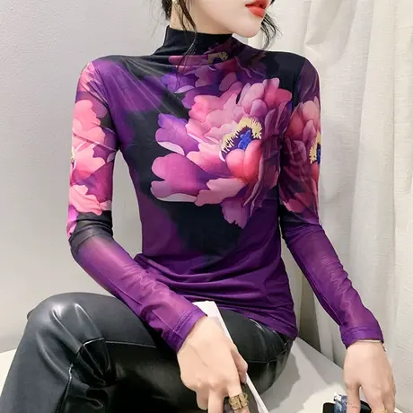 加绒加厚半高领上衣性感网纱扎染印花T恤女长袖时尚减龄修身小衫商品大图