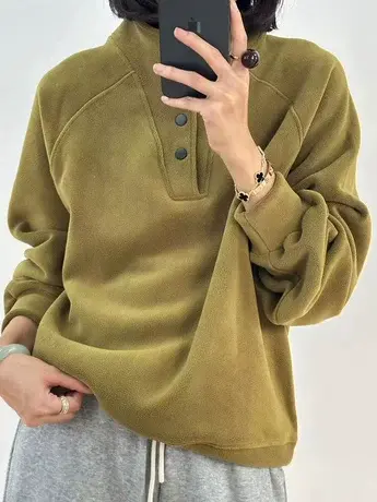 秋冬新款时尚百搭半高领加厚奥粒绒套头卫衣女士韩版宽松软糯上衣图片