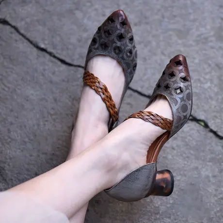 Artmu阿木原创复古尖头高跟鞋女粗跟镂空包头凉鞋魔术贴侧空女鞋商品大图