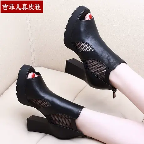 2023年秋季新款鱼嘴鞋子女真皮高跟鞋防水台网纱凉鞋靴子粗跟凉靴商品大图