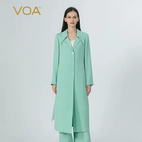 VOA艾绿色40姆米双面乔重磅桑蚕丝个性西装领直筒绑带真丝风衣秋商品大图