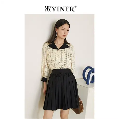 YINER音儿女装2022春季新款优雅撞色格子翻领衬衫商品大图
