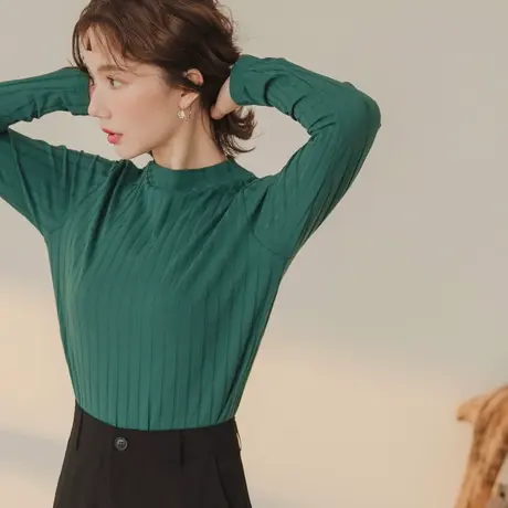 桔熊秋冬简约坑条打底衫温暖纯色半高领长袖上衣女装大码AB10972图片