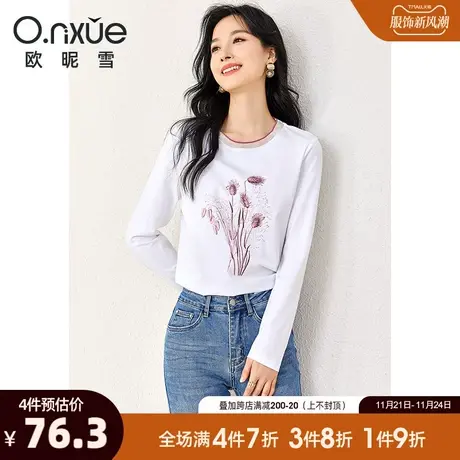 欧昵雪2023冬季新款减龄圆领印花烫图长袖T恤女宽松套头个性上衣商品大图