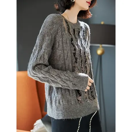 宝诗黎麻花亮片圆领毛衣女落肩长袖慵懒短款针织衫2024春秋季新款图片
