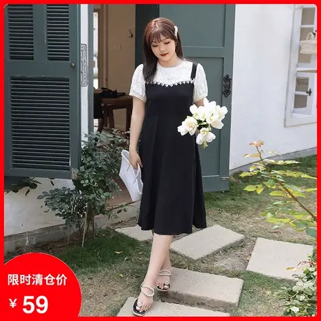 【清仓】显瘦连衣裙2023年夏装新款蕾丝法式假两件A字裙短袖长款商品大图