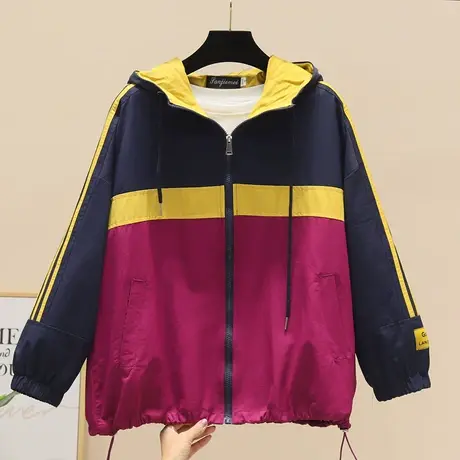 2023秋季新款女装拼接撞色外套百搭韩版风衣夹克宽松连帽短款上衣图片