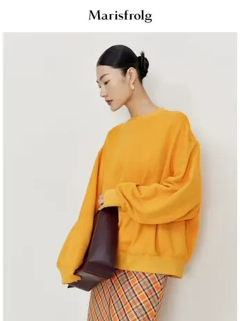 【言选好物】玛丝菲尔春季新款橙色圆领卫衣上衣宽松休闲女装商品大图
