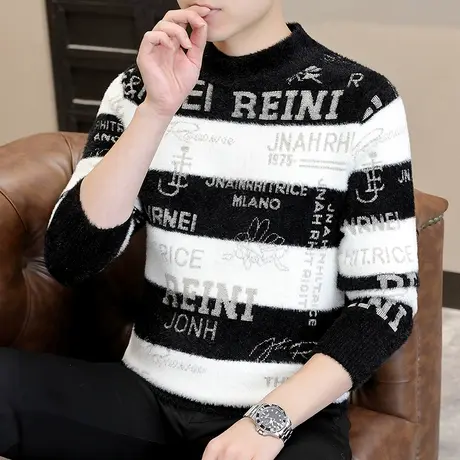 水貂绒毛衣男士半高领打底衫秋冬季加厚羊绒衫保暖冬装条纹上衣服商品大图