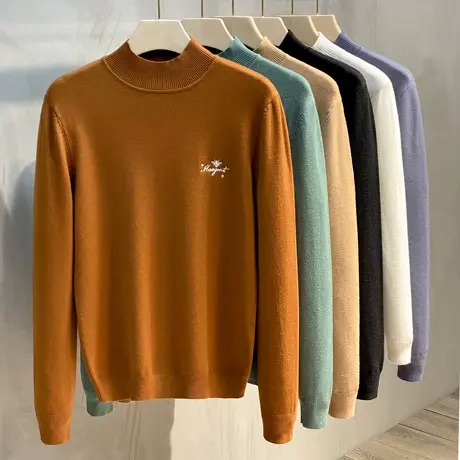 毛衫男绒感针织衫2023新款秋冬装刺绣半高领毛衣弹力中领打底衫潮图片