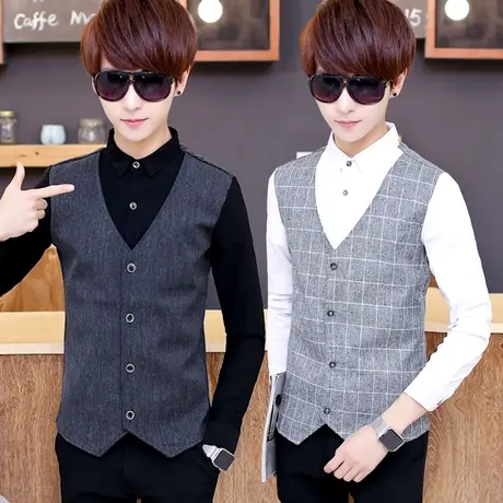 长袖衬衫男士春秋季韩版修身寸衫潮流马甲一体男装帅气假两件衬衣商品大图