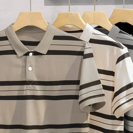 2024新款保罗polo衫条纹翻领短袖t恤男装夏季冰丝凉感半袖体恤衫商品大图