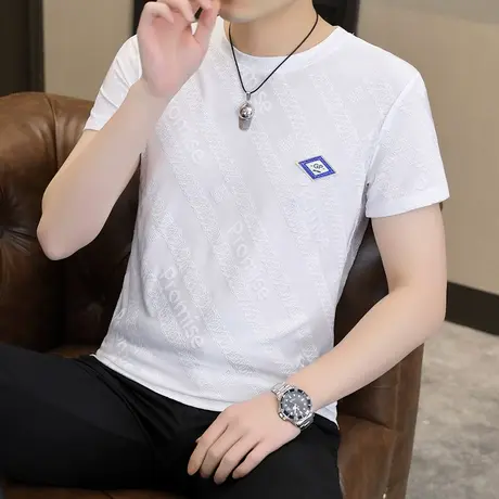 2023新款短袖体恤男上衣冰丝时尚半袖潮流型男圆领t恤青年镂空款商品大图