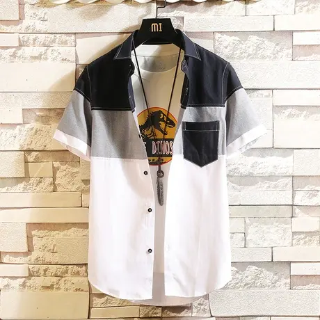 夏季男士短袖衬衫男青少年韩版休闲薄款衬衣学生打底修身潮白寸衫商品大图