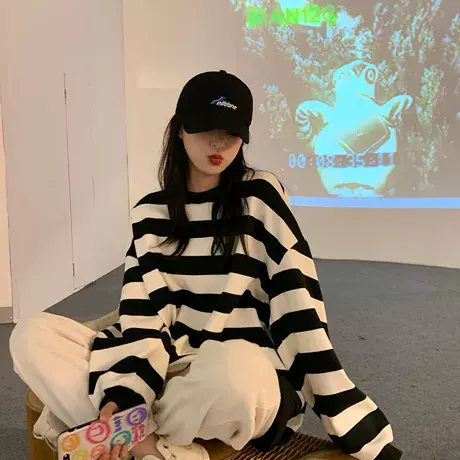 黑白条纹卫衣女春秋薄款外套胖mm大码宽松bf慵懒风圆领上衣200斤商品大图