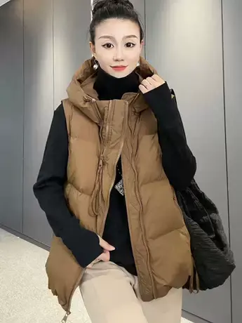 2023秋冬季新款纯色羽绒马甲女外套潮流时尚宽松百搭韩版连帽坎肩商品大图