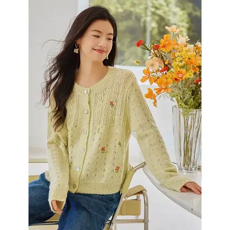 时尚气质长袖毛衣开衫2023年秋季新款淑女温柔圆领显瘦通勤上衣图片