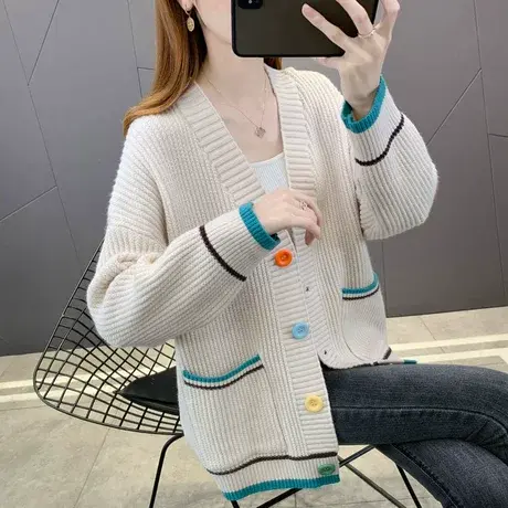 早秋女装外搭拼色针织开衫女宽松2024爆款新款春秋毛衣外套慵懒风商品大图