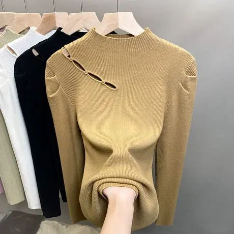 半高领毛衣女打底衫2023秋冬新款套头外穿泡泡袖针织衫内搭上衣潮商品大图