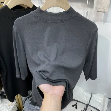 半高领五分中袖T恤女装2023新款春秋上衣修身纯色百搭减龄打底衫商品大图