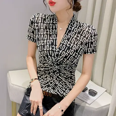 性感网纱V领T恤女短袖欧货时尚字母印花上衣紧身洋气半袖小衫夏装商品大图