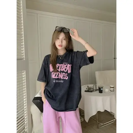 美式复古做旧字母印花短袖t恤女设计感休闲水洗黑小众短袖上衣ins图片