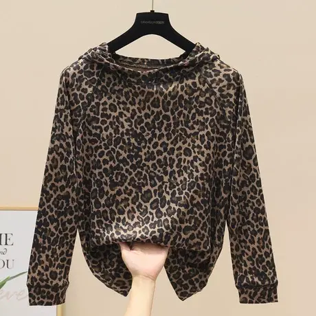 2023年春季新款复古豹纹印花连帽卫衣女宽松显瘦套头通勤长袖上衣商品大图