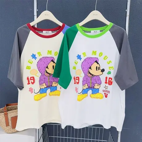 韩国东大门中长款上衣2023夏季个性洋气拼色宽松大版T恤欧货遮肉图片