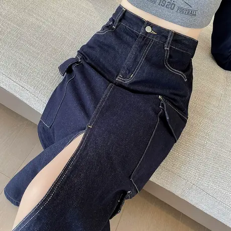 复古开叉牛仔工装裙女2023春秋新款宽松a字高腰包臀辣妹中长半裙图片