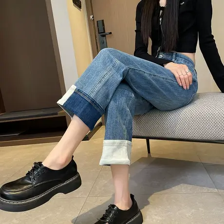 卷边牛仔裤女直筒宽松显瘦2024新款春秋高腰拼接小个子九分烟管裤商品大图