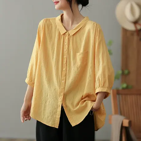 dza 复古纯色全棉女士衬衫2023夏季薄款翻领衬衣气质百搭开衫上衣商品大图