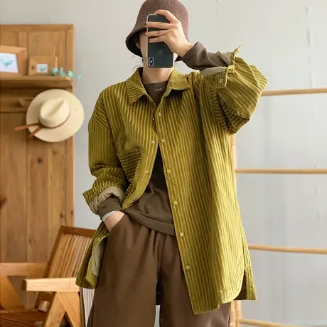 dza 复古竖条纹中长款翻领衬衫棉衣外套女冬保暖休闲宽松棉服棉袄图片