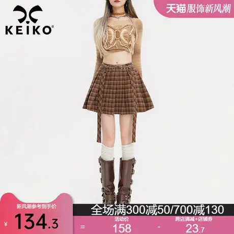 KEIKO飘带饰格子百褶短裙2024春夏学院风高腰显瘦A字薄毛呢半身裙图片